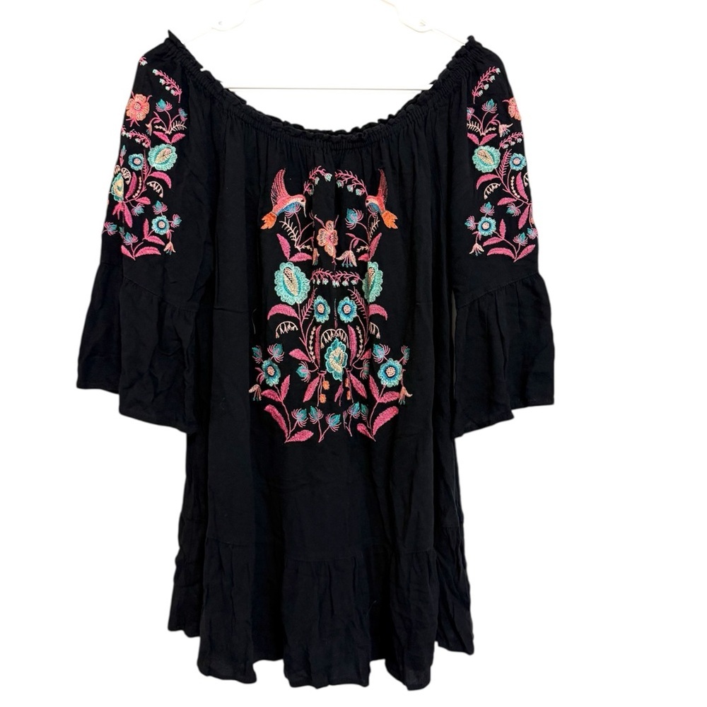 2/$30 Umgee - Black Off the Shoulder Mini Dress with Colorful Floral Embroidery